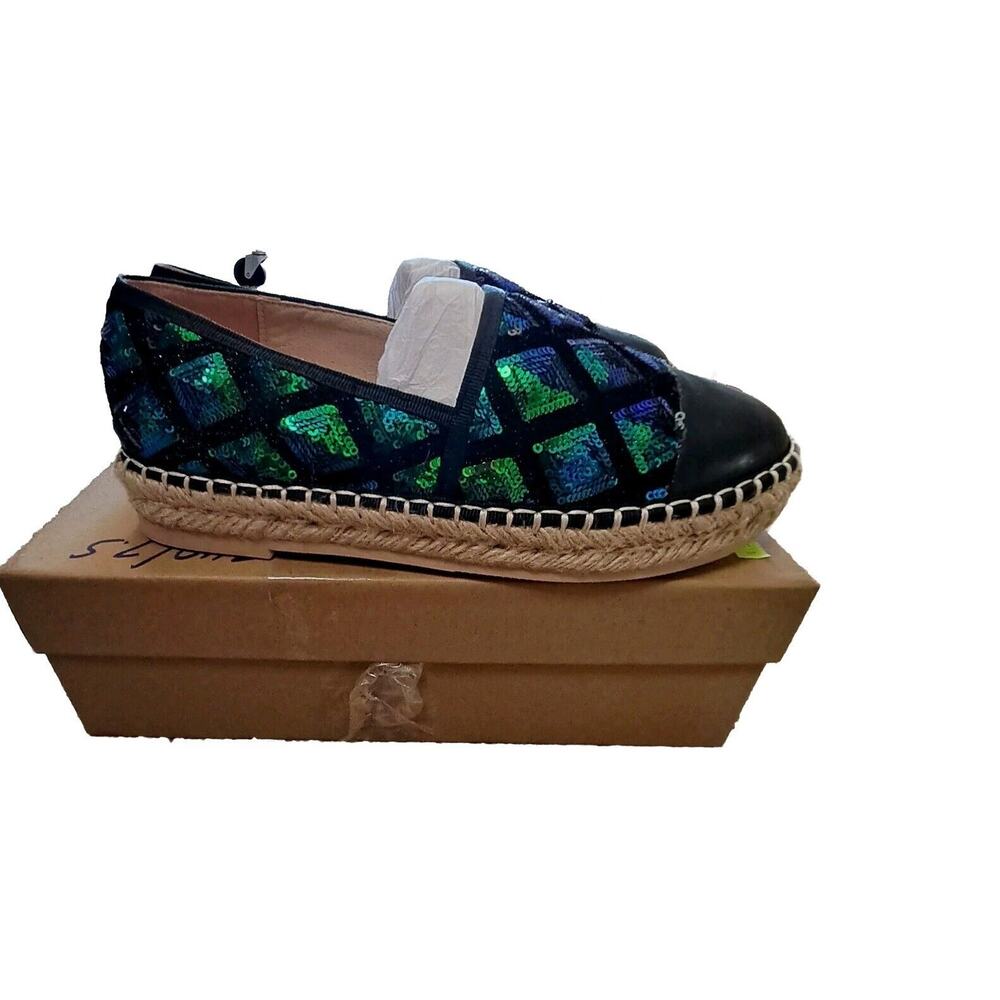Jijixi Espadrille Green Black sequin slip on flats 240 US 7.5 St. Patrick Day